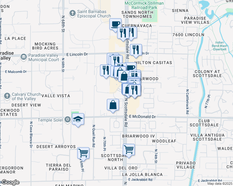 map of restaurants, bars, coffee shops, grocery stores, and more near 6142 North Scottsdale Road in Scottsdale