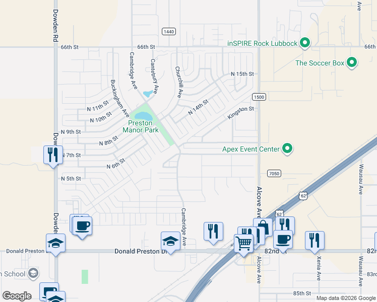 map of restaurants, bars, coffee shops, grocery stores, and more near 602 Cambridge Avenue in Wolfforth