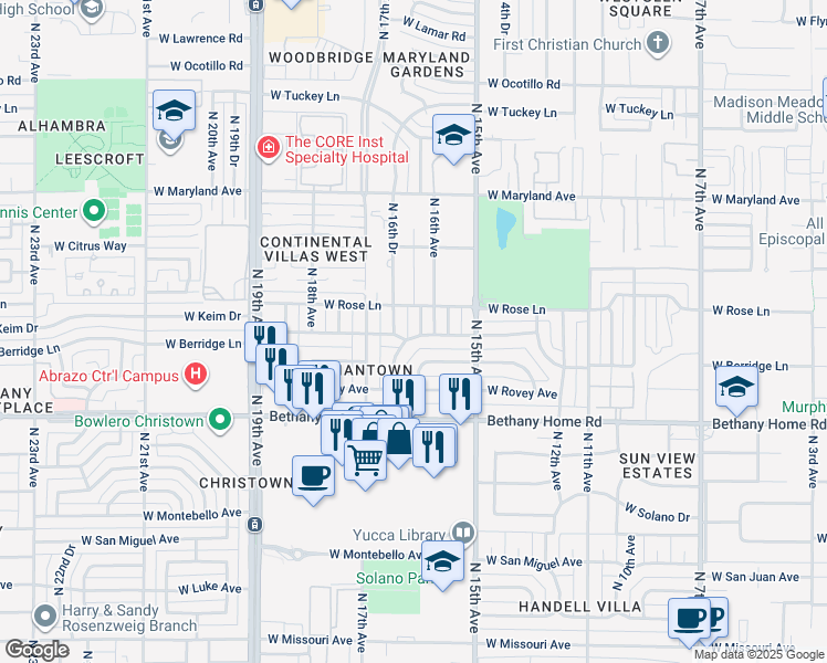 map of restaurants, bars, coffee shops, grocery stores, and more near 1603 West Keim Drive in Phoenix