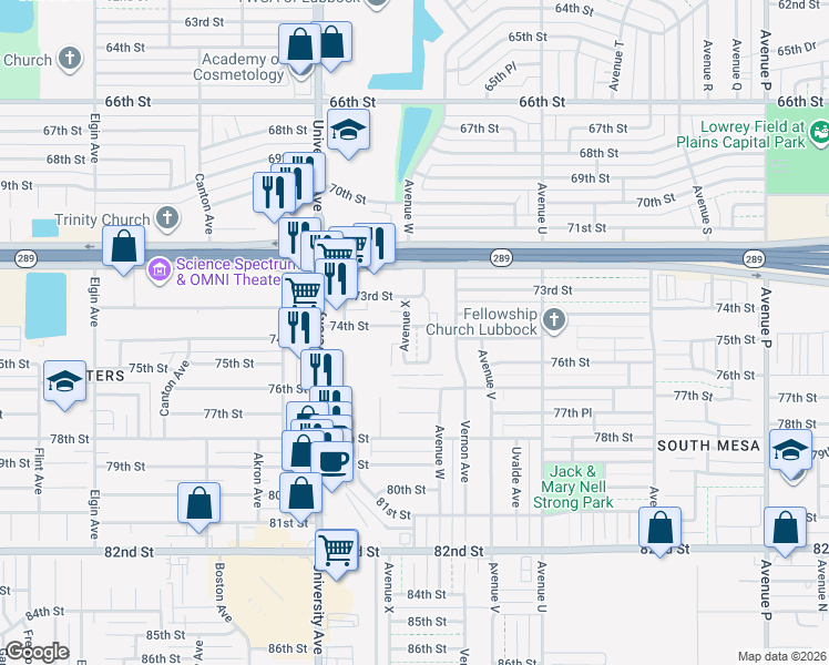map of restaurants, bars, coffee shops, grocery stores, and more near 7404 Waco Avenue in Lubbock