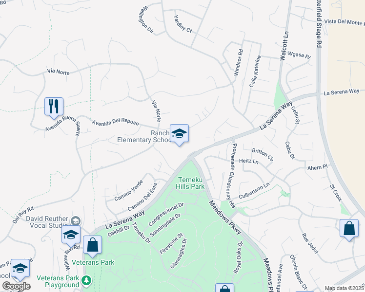 map of restaurants, bars, coffee shops, grocery stores, and more near 31530 La Serena Way in Temecula