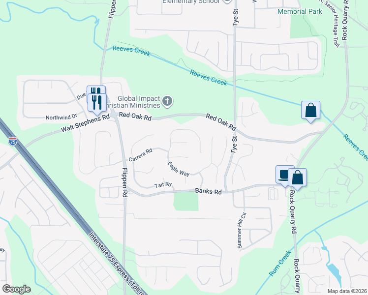 map of restaurants, bars, coffee shops, grocery stores, and more near 312 Eagle Court in Stockbridge