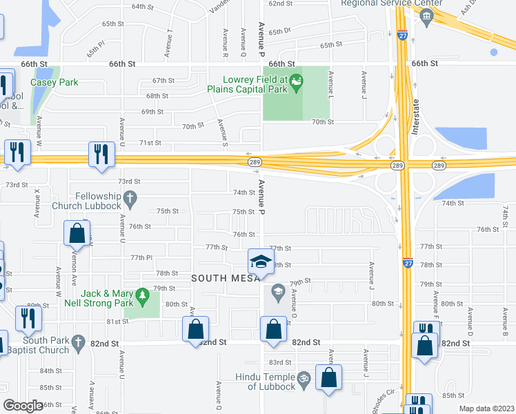 map of restaurants, bars, coffee shops, grocery stores, and more near 1602 75th Street in Lubbock