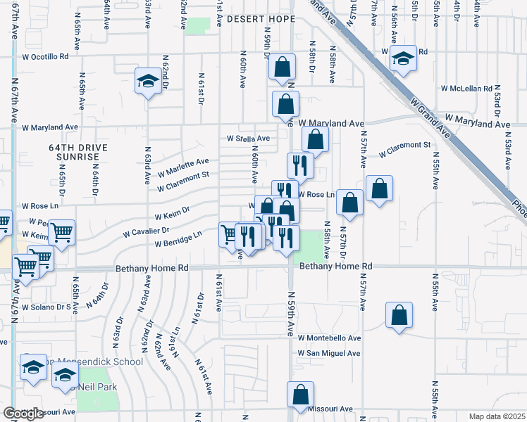 map of restaurants, bars, coffee shops, grocery stores, and more near 5929 West Keim Drive in Glendale