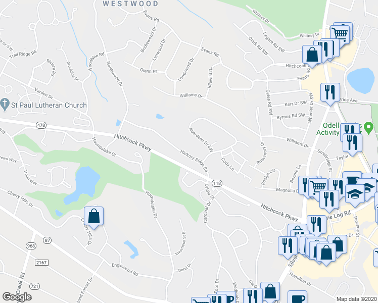 map of restaurants, bars, coffee shops, grocery stores, and more near 820 Hickory Ridge Road in Aiken