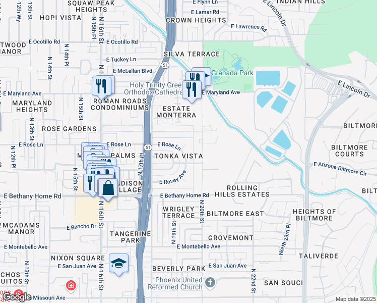 map of restaurants, bars, coffee shops, grocery stores, and more near 6142 North 20th Street in Phoenix
