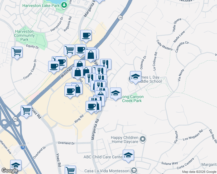 map of restaurants, bars, coffee shops, grocery stores, and more near 40531 Chantemar Way in Temecula