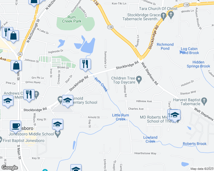 map of restaurants, bars, coffee shops, grocery stores, and more near 8397 Carlington Lane in Jonesboro
