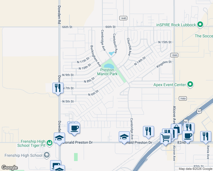 map of restaurants, bars, coffee shops, grocery stores, and more near 513 Brookshire Ave in Wolfforth