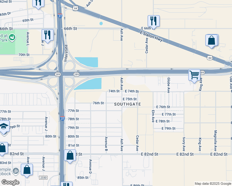 map of restaurants, bars, coffee shops, grocery stores, and more near 107 East 74th Street in Lubbock