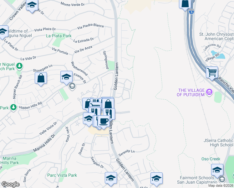 map of restaurants, bars, coffee shops, grocery stores, and more near 89 Martinique Street in Laguna Niguel