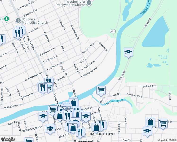 map of restaurants, bars, coffee shops, grocery stores, and more near 515 East Claiborne Avenue in Greenwood