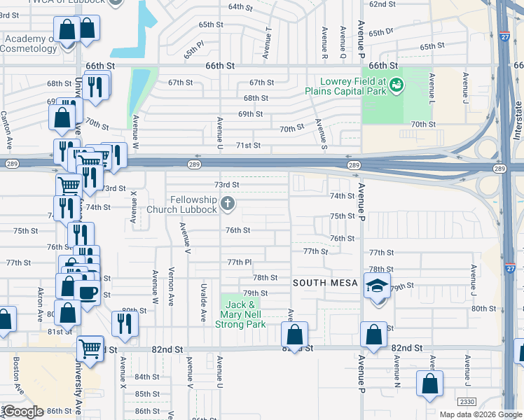 map of restaurants, bars, coffee shops, grocery stores, and more near 1915 75th Street in Lubbock