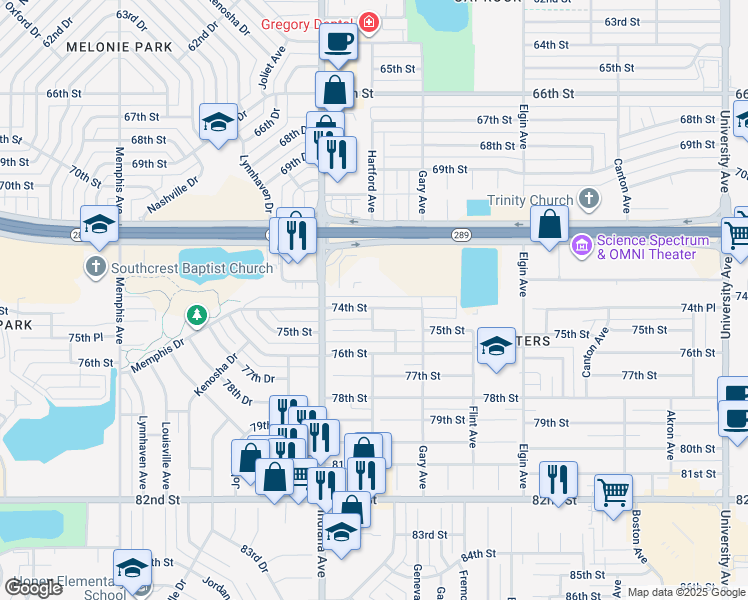 map of restaurants, bars, coffee shops, grocery stores, and more near 3303a 74th Street in Lubbock