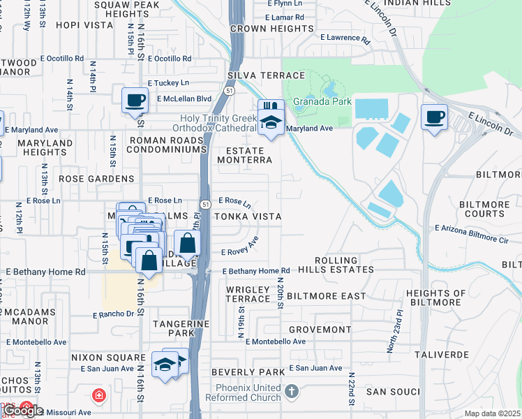 map of restaurants, bars, coffee shops, grocery stores, and more near 6142 North 20th Street in Phoenix