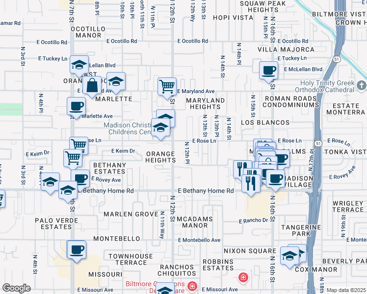 map of restaurants, bars, coffee shops, grocery stores, and more near 6109 North 12th Place in Phoenix
