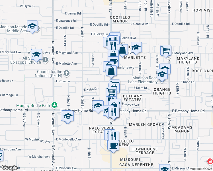 map of restaurants, bars, coffee shops, grocery stores, and more near 6107 North 7th Street in Phoenix