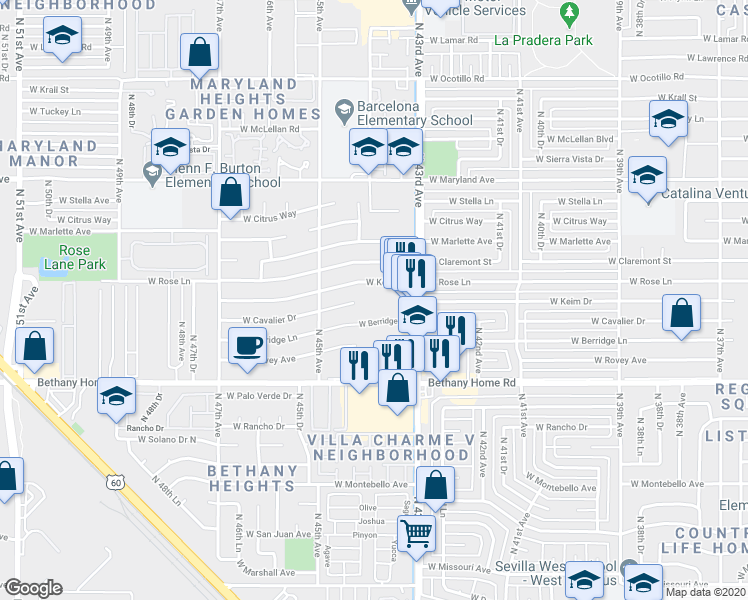 map of restaurants, bars, coffee shops, grocery stores, and more near 4402 West Berridge Lane in Glendale