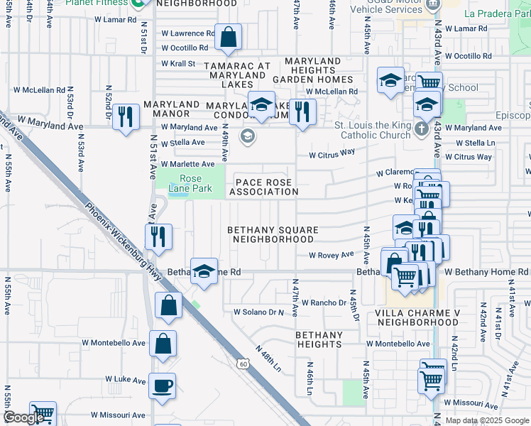 map of restaurants, bars, coffee shops, grocery stores, and more near 6203 North 48th Avenue in Glendale
