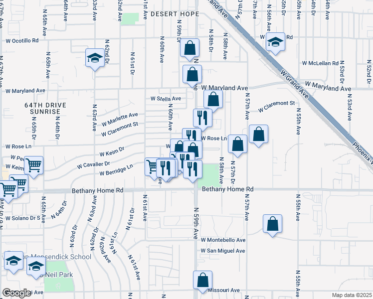 map of restaurants, bars, coffee shops, grocery stores, and more near 6118 North 59th Avenue in Glendale