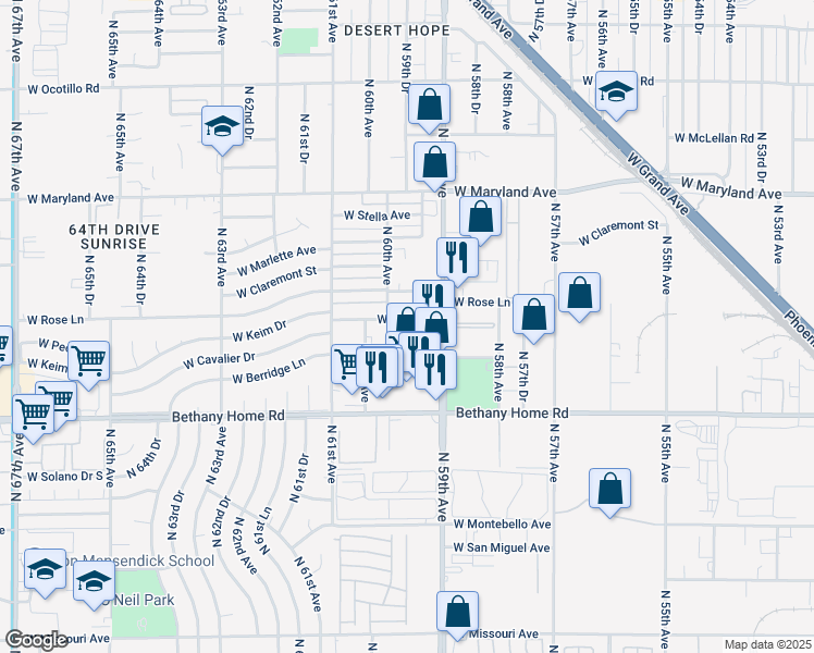 map of restaurants, bars, coffee shops, grocery stores, and more near 5929 West Keim Drive in Glendale
