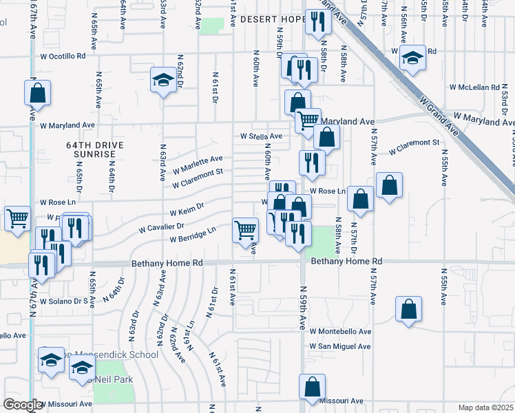 map of restaurants, bars, coffee shops, grocery stores, and more near 6118 North 60th Avenue in Glendale