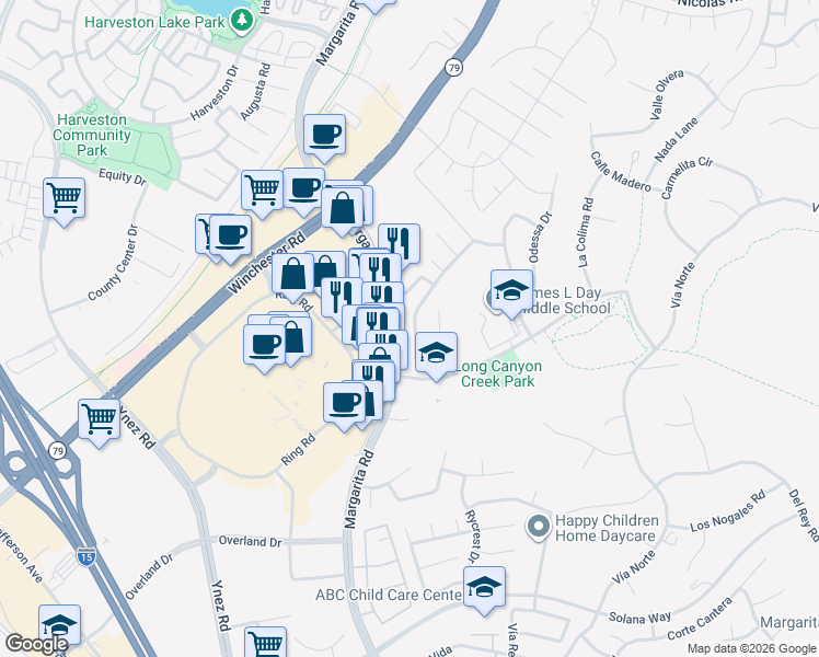 map of restaurants, bars, coffee shops, grocery stores, and more near 40549 Chantemar Way in Temecula