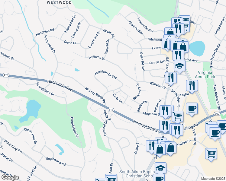 map of restaurants, bars, coffee shops, grocery stores, and more near 100 Cody Lane in Aiken