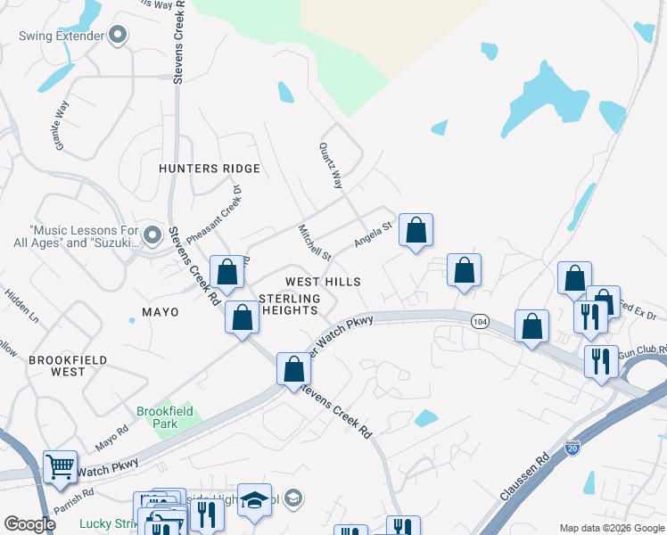 map of restaurants, bars, coffee shops, grocery stores, and more near 3019 Silverwood Drive in Augusta