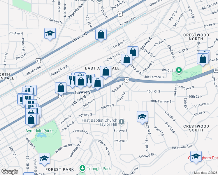 map of restaurants, bars, coffee shops, grocery stores, and more near 525 47th Street South in Birmingham