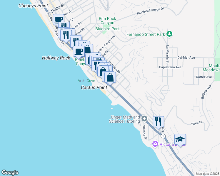 map of restaurants, bars, coffee shops, grocery stores, and more near 2037 South Coast Highway in Laguna Beach