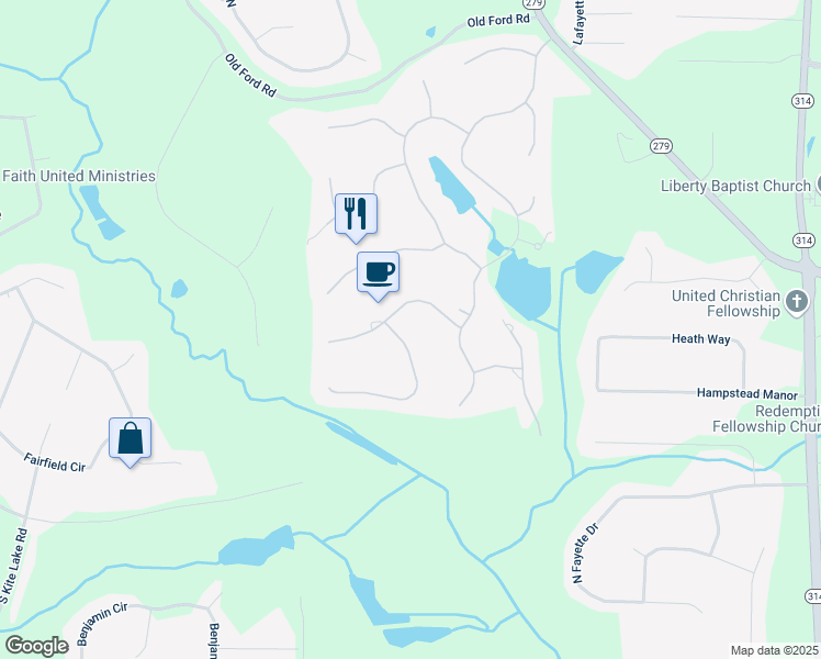 map of restaurants, bars, coffee shops, grocery stores, and more near 115 Moss Creek Walk in Fayetteville