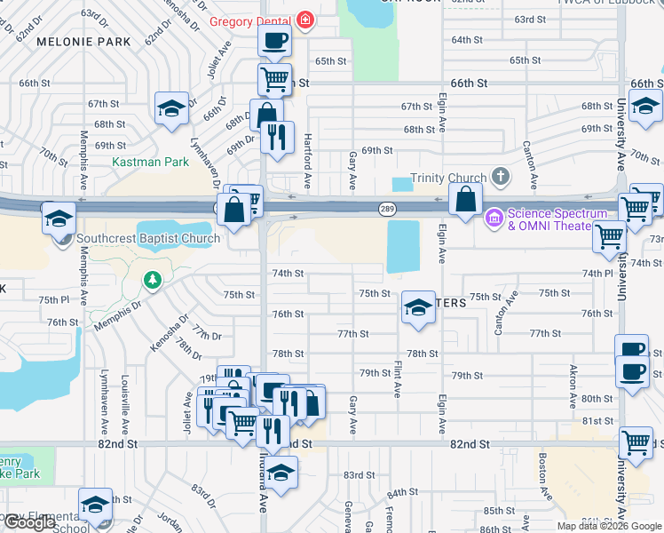map of restaurants, bars, coffee shops, grocery stores, and more near 3208 74th Street in Lubbock