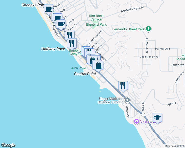 map of restaurants, bars, coffee shops, grocery stores, and more near 1991 Ocean Way in Laguna Beach