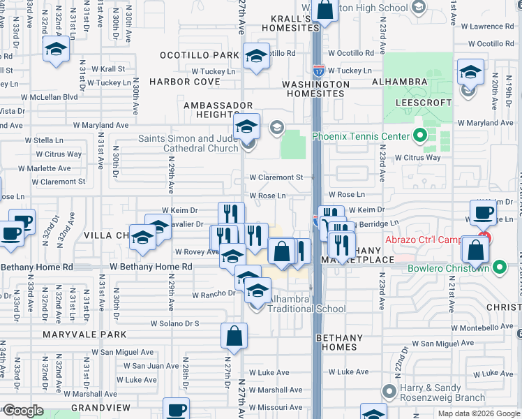 map of restaurants, bars, coffee shops, grocery stores, and more near 6131 North 27th Avenue in Phoenix