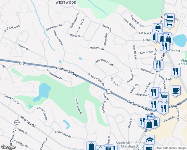 map of restaurants, bars, coffee shops, grocery stores, and more near 825 Hickory Ridge Road in Aiken
