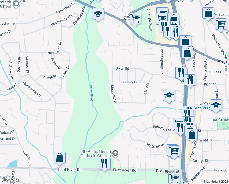 map of restaurants, bars, coffee shops, grocery stores, and more near 8349 Magnolia Drive in Jonesboro