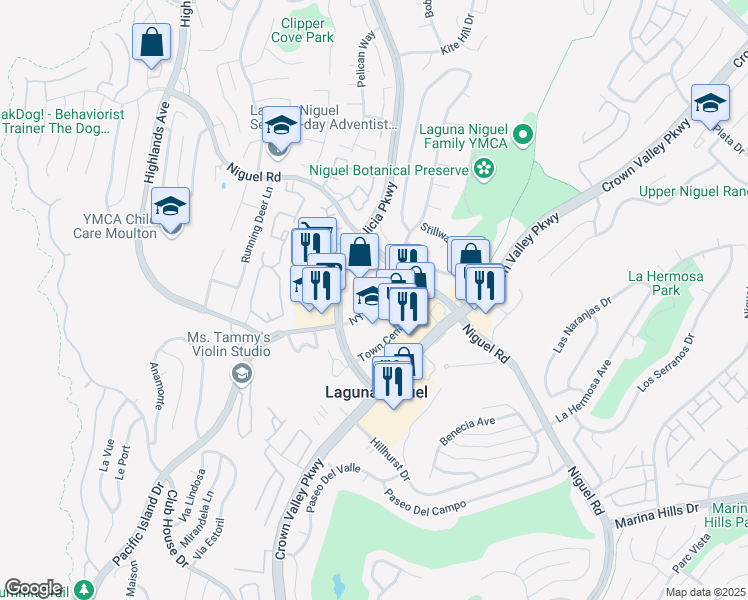 map of restaurants, bars, coffee shops, grocery stores, and more near 30071 Ivy Glenn Drive in Laguna Niguel