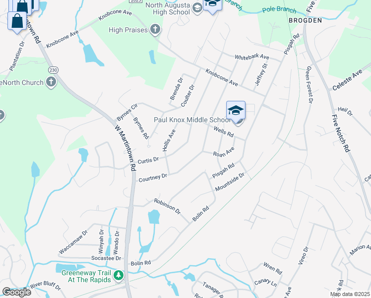map of restaurants, bars, coffee shops, grocery stores, and more near 1823 Curtis Drive in North Augusta