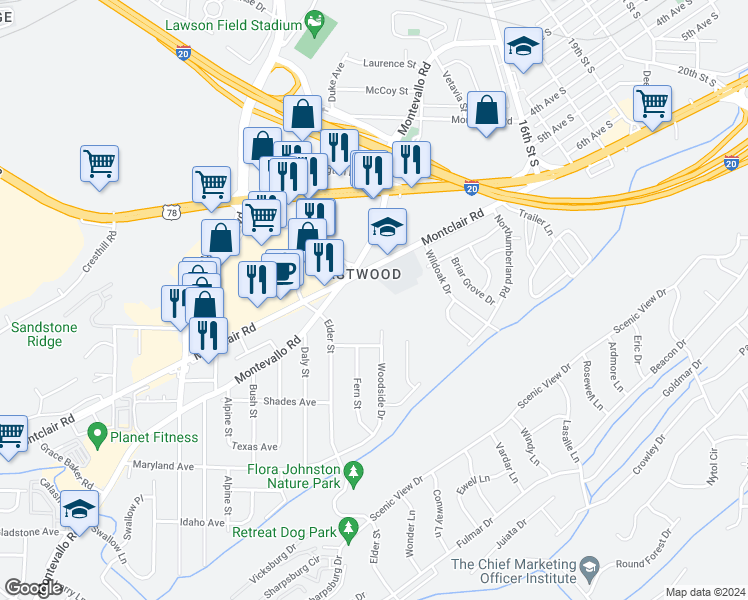 map of restaurants, bars, coffee shops, grocery stores, and more near 4941 Montevallo Road in Irondale