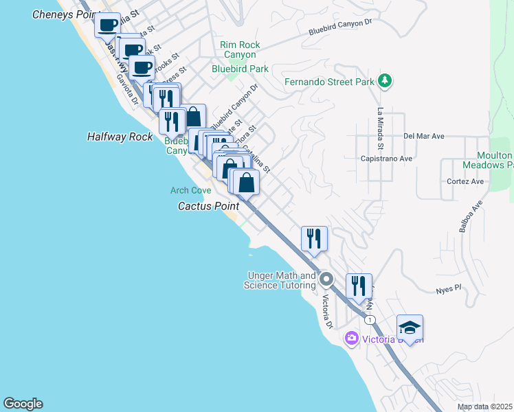 map of restaurants, bars, coffee shops, grocery stores, and more near 2160 South Coast Highway in Laguna Beach