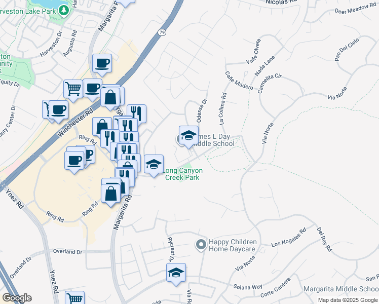map of restaurants, bars, coffee shops, grocery stores, and more near 40775 Camino Campos Verde in Temecula