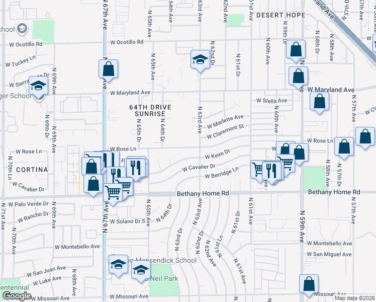 map of restaurants, bars, coffee shops, grocery stores, and more near 6309 West Keim Drive in Glendale