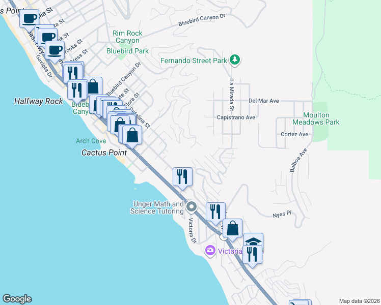 map of restaurants, bars, coffee shops, grocery stores, and more near 2300 San Clemente Street in Laguna Beach