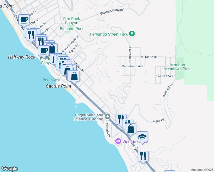 map of restaurants, bars, coffee shops, grocery stores, and more near in Laguna Beach