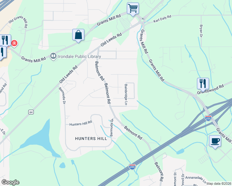 map of restaurants, bars, coffee shops, grocery stores, and more near 3806 Bainbridge Place in Birmingham