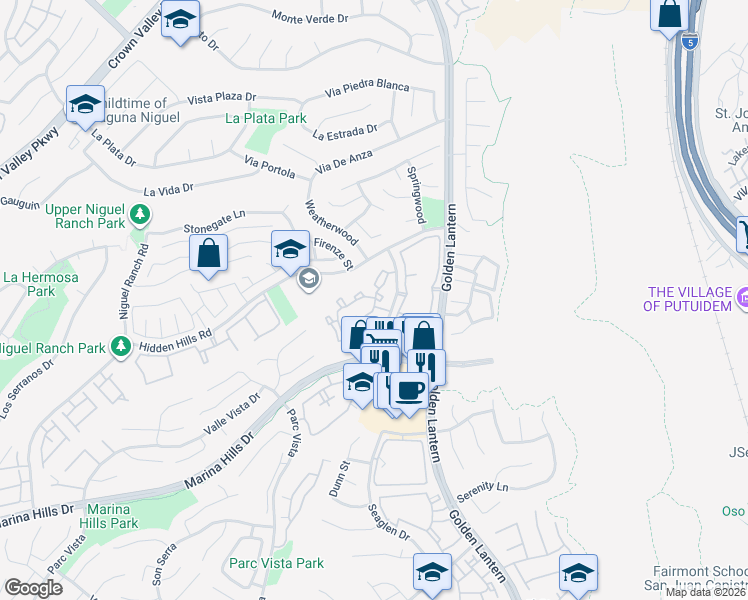 map of restaurants, bars, coffee shops, grocery stores, and more near 30041 Tessier Street in Laguna Niguel
