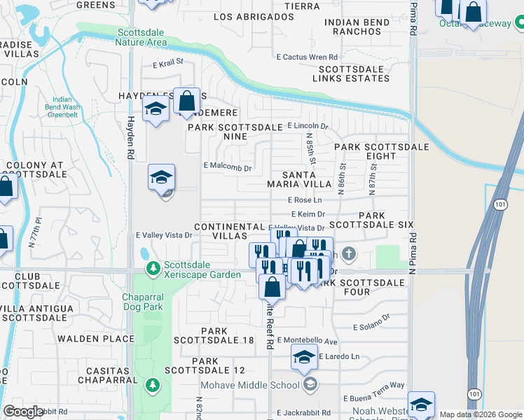 map of restaurants, bars, coffee shops, grocery stores, and more near 8401 East Keim Drive in Scottsdale