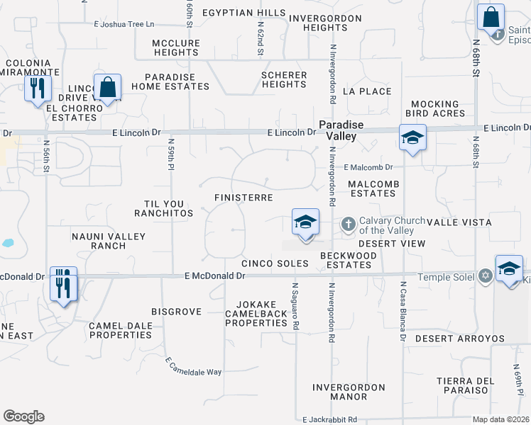 map of restaurants, bars, coffee shops, grocery stores, and more near 6025 North 62nd Place in Paradise Valley