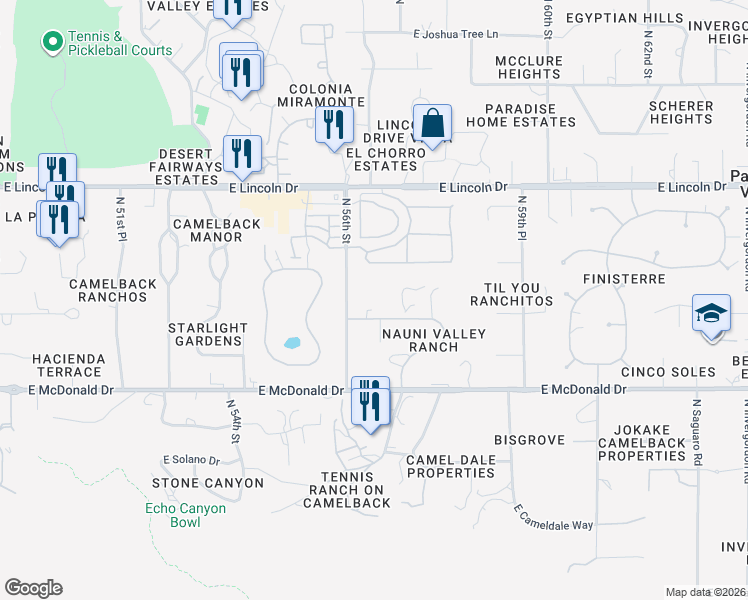 map of restaurants, bars, coffee shops, grocery stores, and more near 5601 East Nauni Valley Drive in Paradise Valley